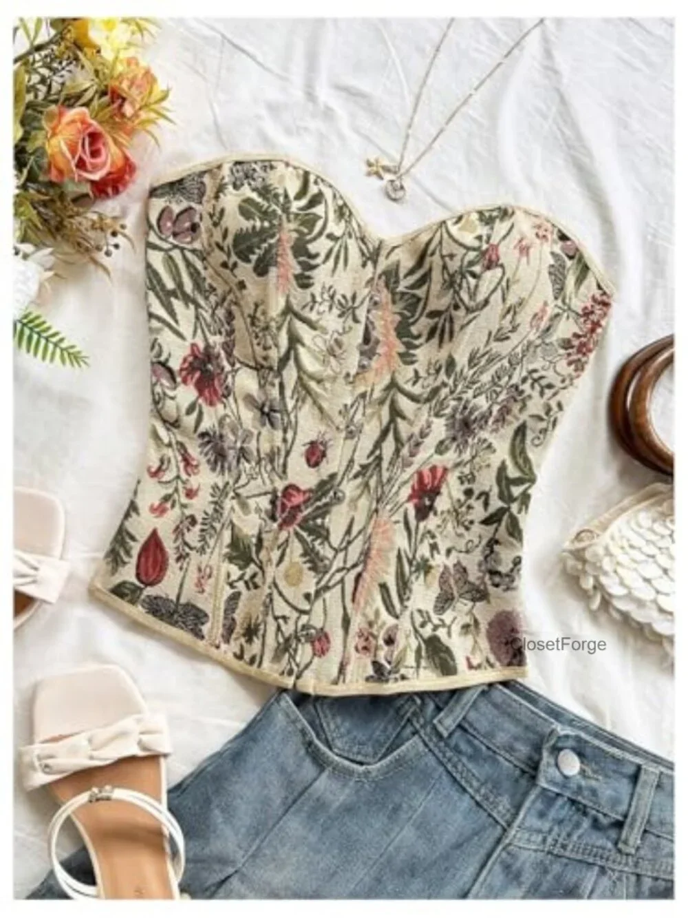 Floral Lace Up Corset Crop Tube Top Strapless Bustier Going Out Party Rave